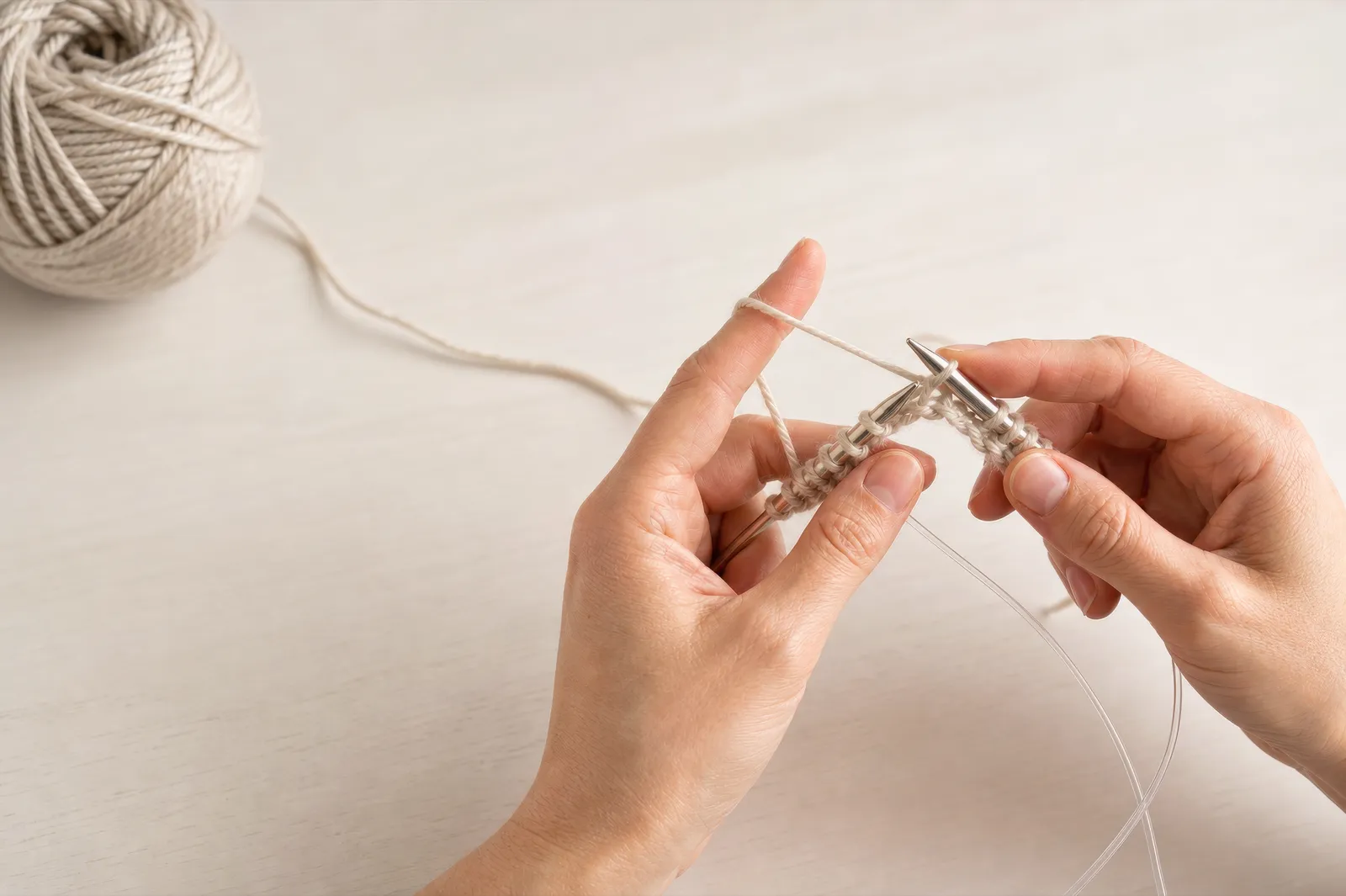 Hands casting on with circular needles, neutral-toned yarn in soft natural light — the start of any knit project.
