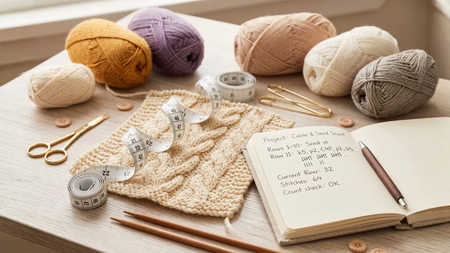 A knit project laid flat with yarn balls in coordinated neutral tones — the math + the making in one frame.